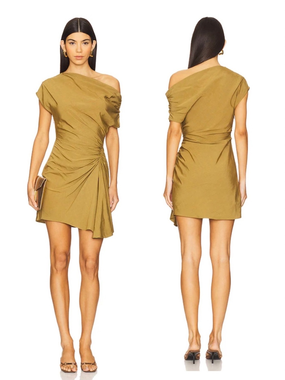 NWT A.L.C. Poppy Dress Hazel One Shoulder Ruched Mini Size 4 Olive Green $495